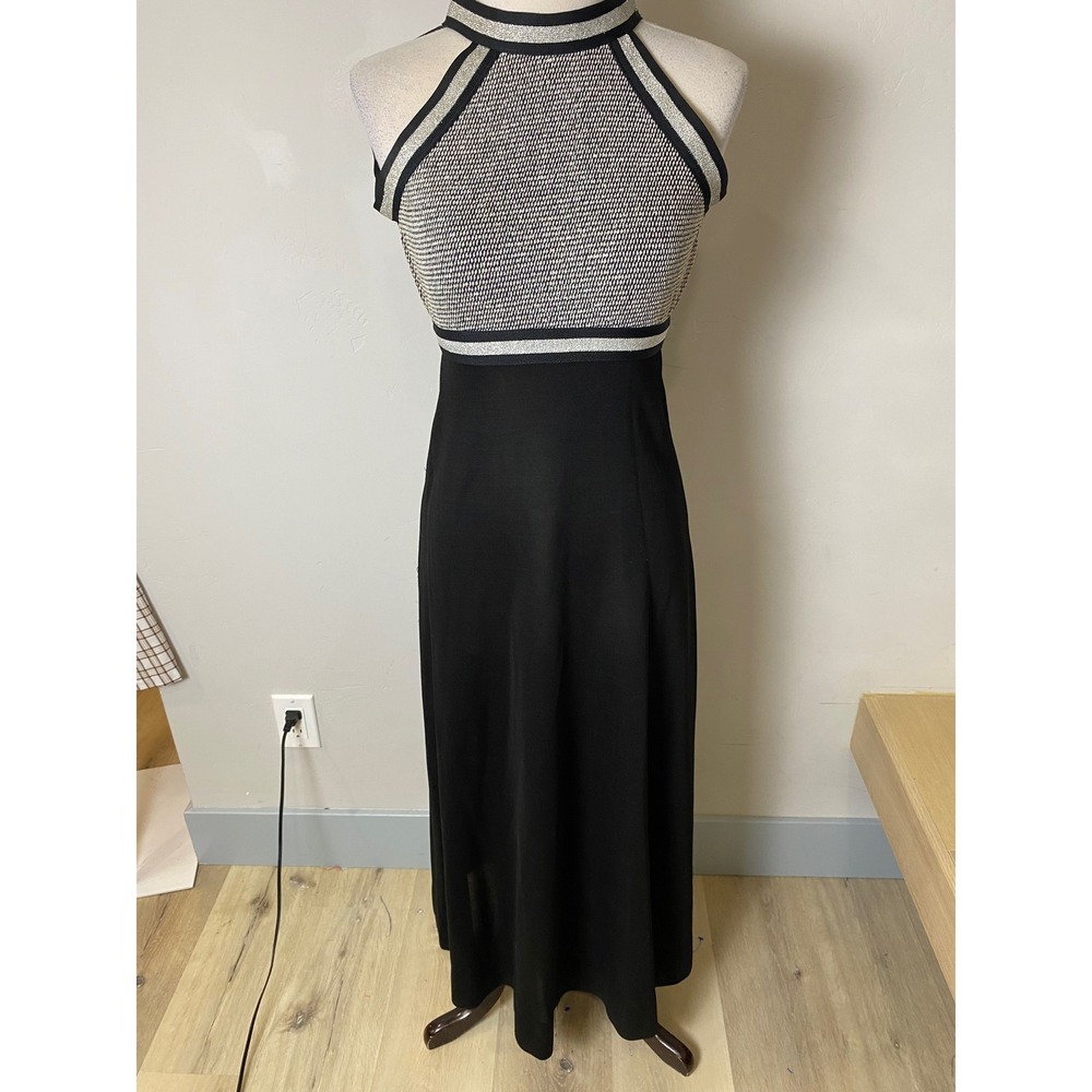 Vintage 70's Silver Metallic Knit Halter Maxi Dress Black Formal Gown XS